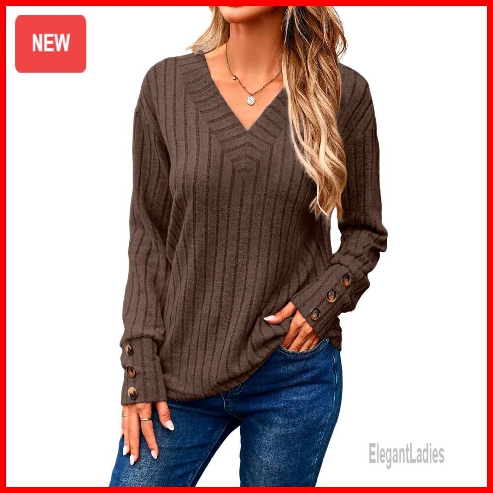 Soft Long Sleeve V-Neck Knitted Pullover Tunic with Decorative Buttons